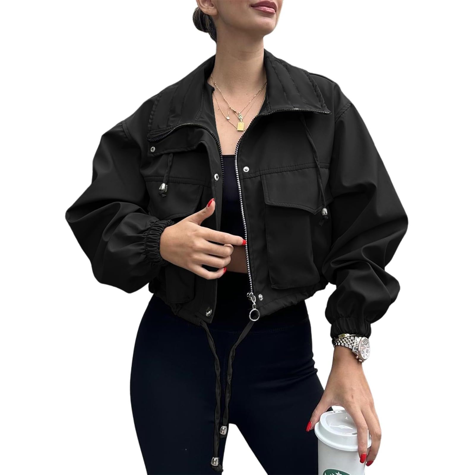 Womens Cropped Jacket Zip 2026 Trendy Zip Up Lightweight Utility Anorak Coat Long Sleeve Short Jacket with Pockets — view 10