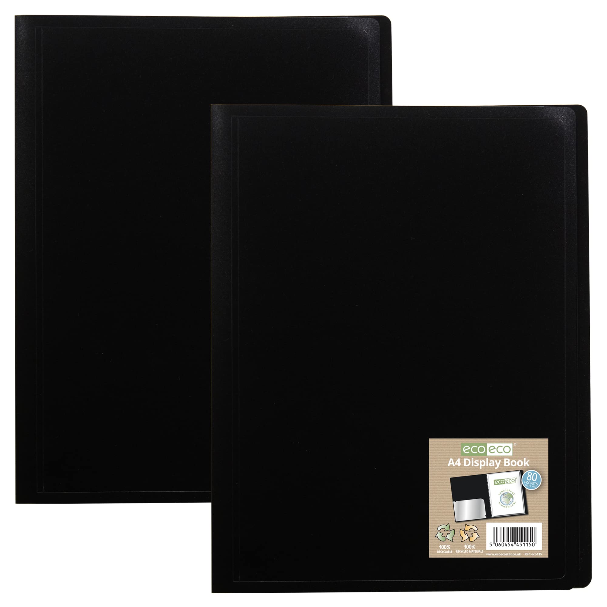 eco-eco A4 100% Recycled 80 Pocket Black Flexible Cover Portfolio Book Folder Display Book, Pack of 2, eco115x2