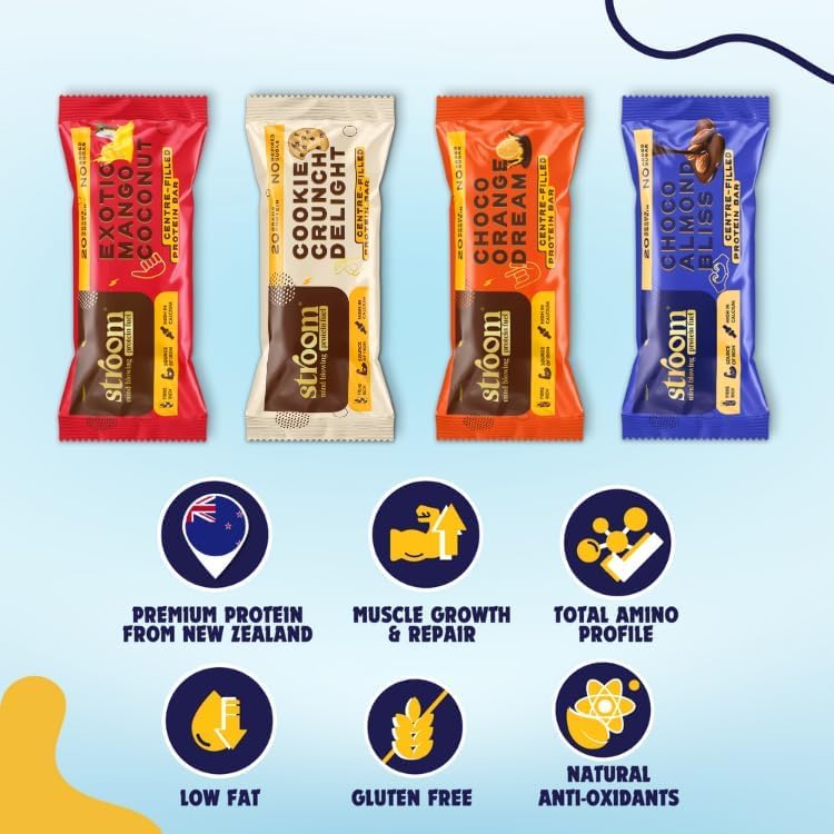 Image of STROOM Asia's First Centre Filled Protein Bars|20G Protein (5 Bars,63 Grams Each)||Fibre Rich|No Added Sugar,Choco Almond Bliss,Choco Orange Dream,Exotic Mango Coconut,Cookie Crunch Delight