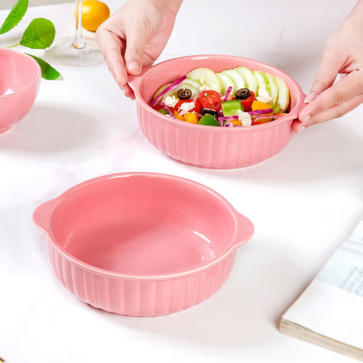 Nestasia Baby Pink Ceramic Baking & Serving Bowls Set of 2 | Durable, Lead Free, Ribbed Design, Microwave & Dishwasher Safe Perfect for Salads,Pasta,Snacks,Curry (800ml) 2
