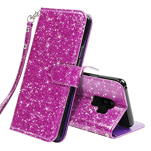 LK Galaxy S9 Plus Case,[Wrist Strap] Luxury Glitter Sparkle PU Leather Wallet Protective Case Cover with Card Slots and Stand for Samsung Galaxy S9 (Purple bling)