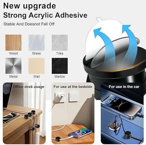 Miniatura 3 de Paquete de 9 organizadores de cables magnéticos giratorios, gestión de cables de teléfono, soporte de cables de carga de escritorio, clips adhesivos