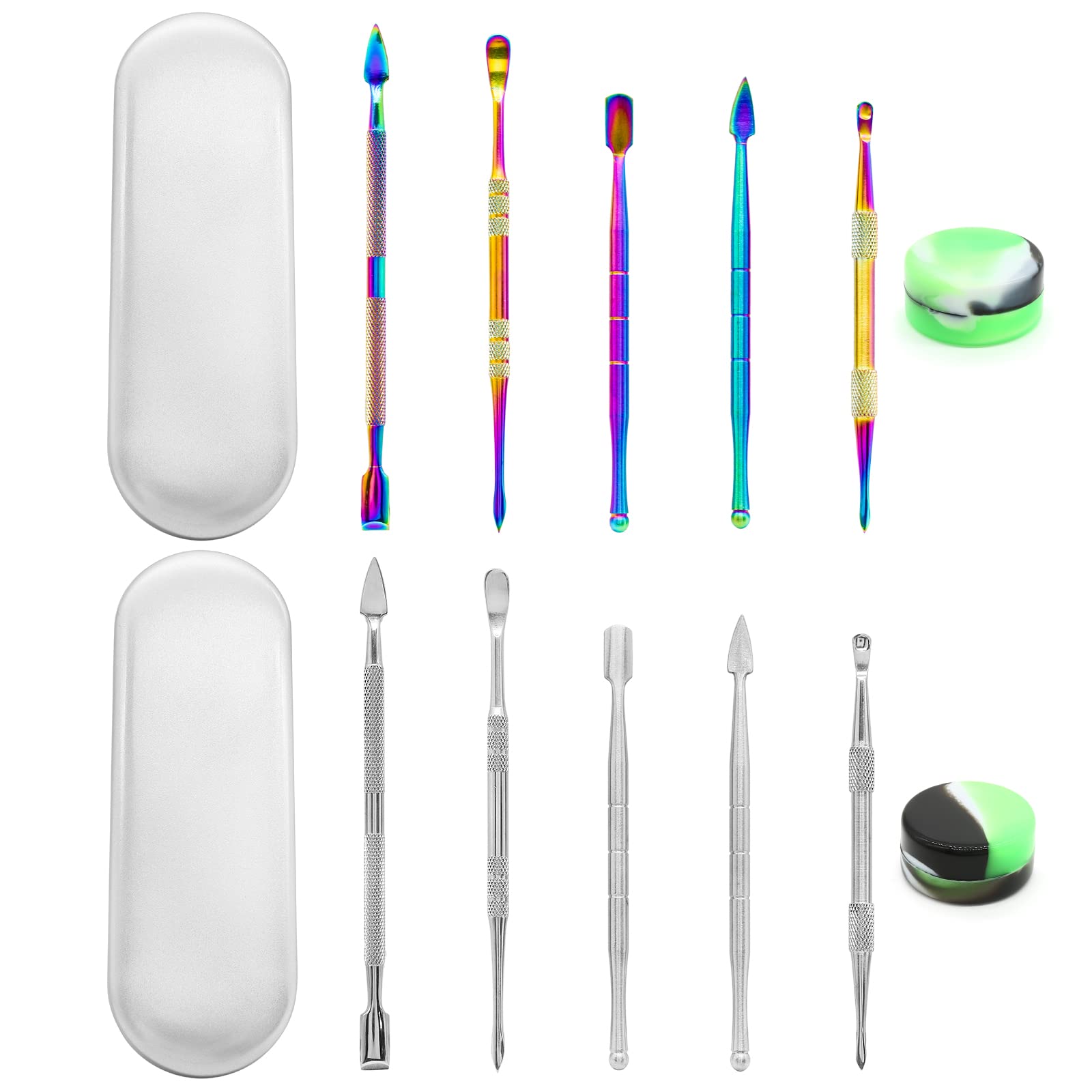 Suiwotin 12PCS Wax Carving Tool, 2 Sets Stainless Steel Wax Tool Carving Tool Kit, Double-Headed Sculpting Tool Spoon Carving Tool with Silica Gel Container (Rainbow&Silver)