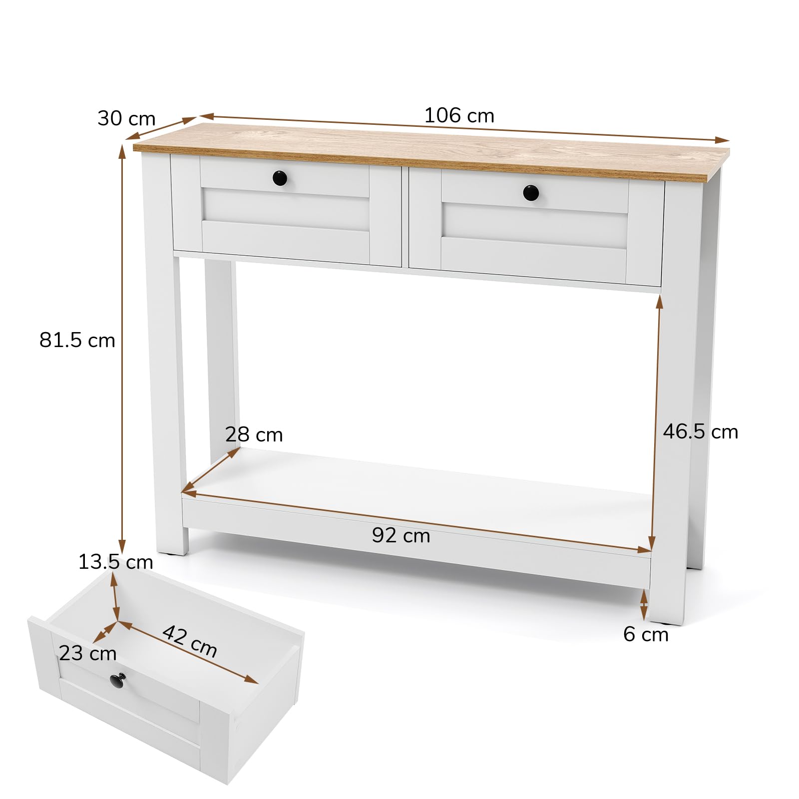LIFEZEAL Tavolo Consolle, Console Bianca in Legno, Tavolo d’Ingresso a 2 Ripiani, con 2 Cassetti, Antiribaltamento, Moderno, Corridoio, Entrata, Soggiorno, Dietro Divano, Max 80 kg, 106x30x81,5 cm