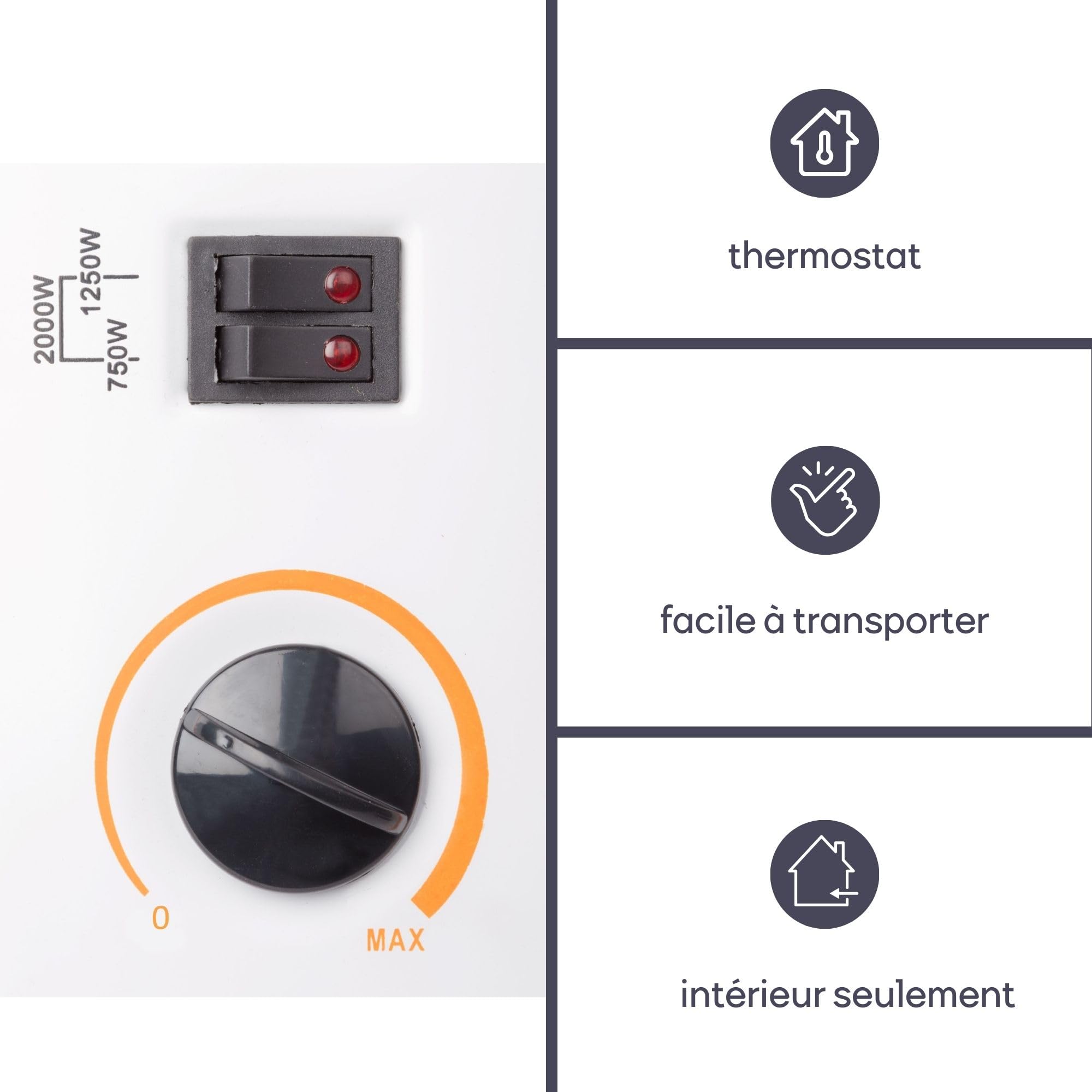 Perel Chauffage convecteur 2000W, convecteur électrique avec 3 niveaux de chaleur, thermostat, IP20 protection contre la surchauffe, portable ou mural pour pièces jusqu’à 60 m³