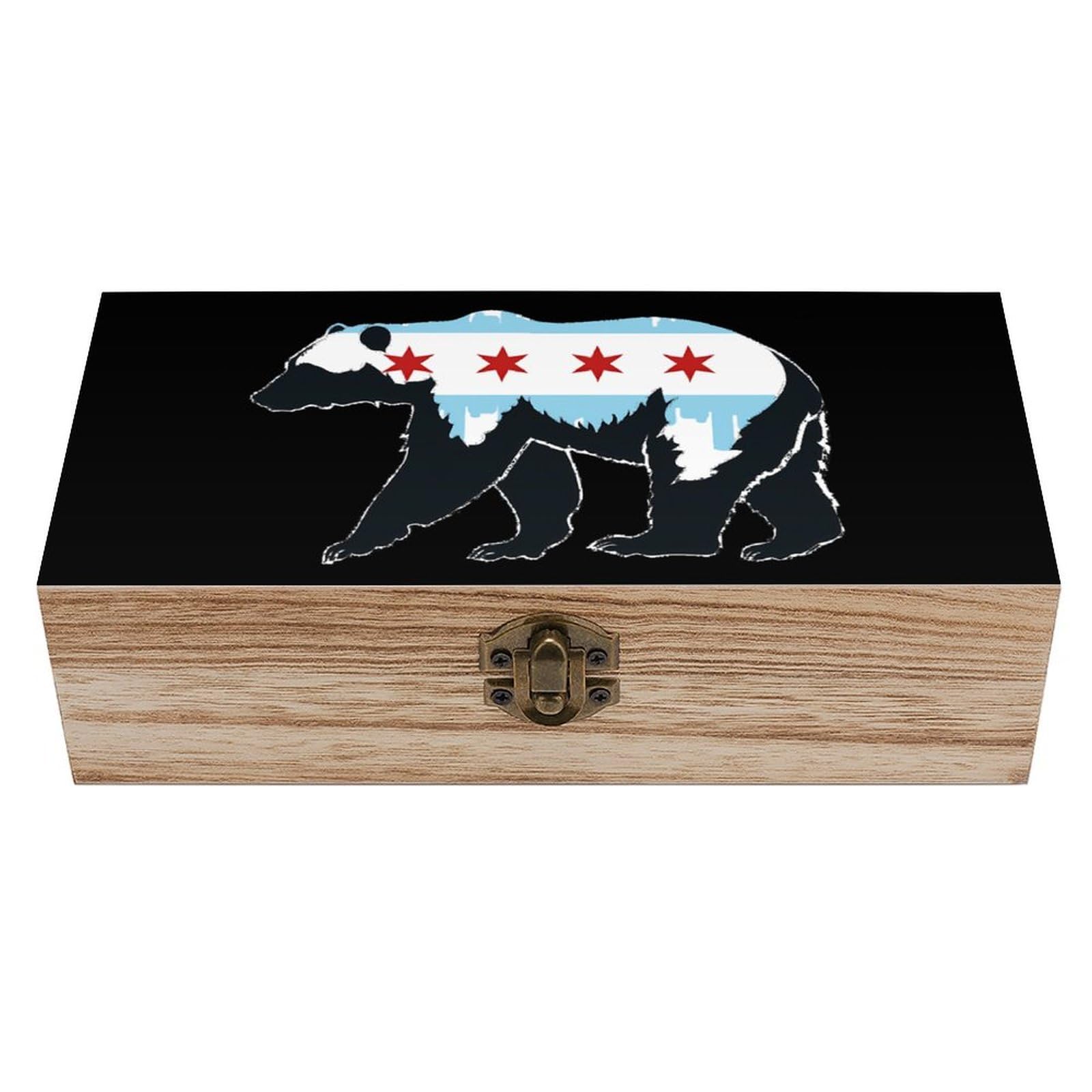 HLBSDM Chicago City Flag Bear Print Wooden Box with Hinged Lid Decorative Storage Case Container