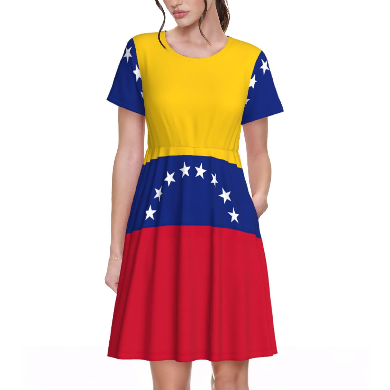Flag of Venezuela Womens Summer Dress Casual Swing Short Sleeve Sundresses Beach A-Line Shift Dress with Pockets Black