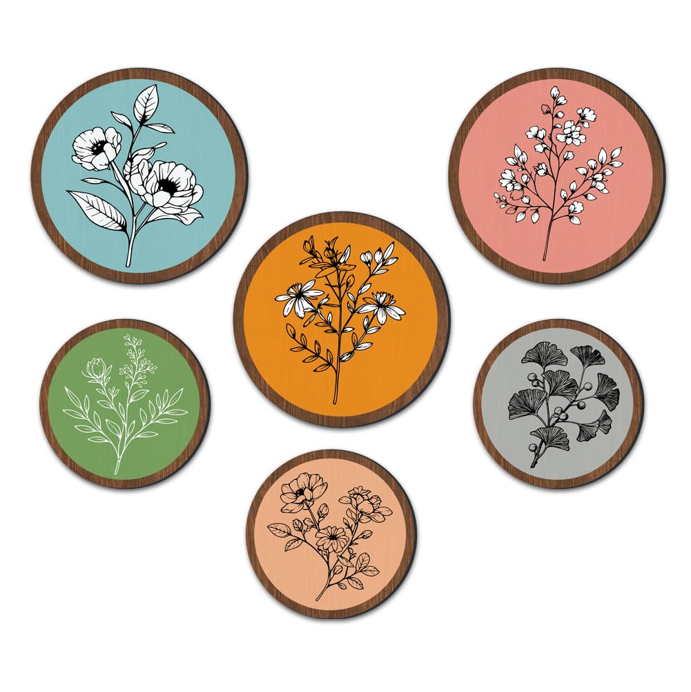 UNICRAFTALE 6Pcs Mixed Color Boho Plant Disk Decor Wooden Boho Wall Art 20-25cm Vintage Flower Art Round Plaque Set Lightweight Easy Install for Entryway Hallway Gallery