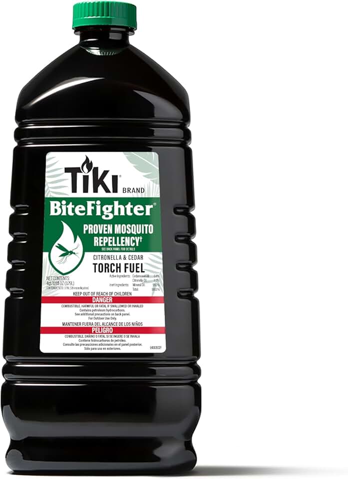 Tiki BiteFighter Mosquito Repellent Torch Fuel - 1 Gallon (128 oz.), Citronella &amp; Cedar Formula for Mosquito Repellency, Easy Pour Bottle, Use with Torches &amp; Table Torches, Outdoor &amp; Backyard Use