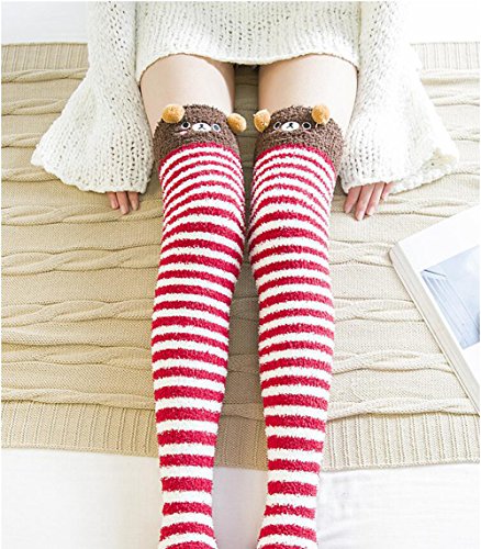 Image of Hotmiss Womens Thigh High Fuzzy Socks Cute Over the Knee Stockings Winter Warm Stripe Leg Warmers