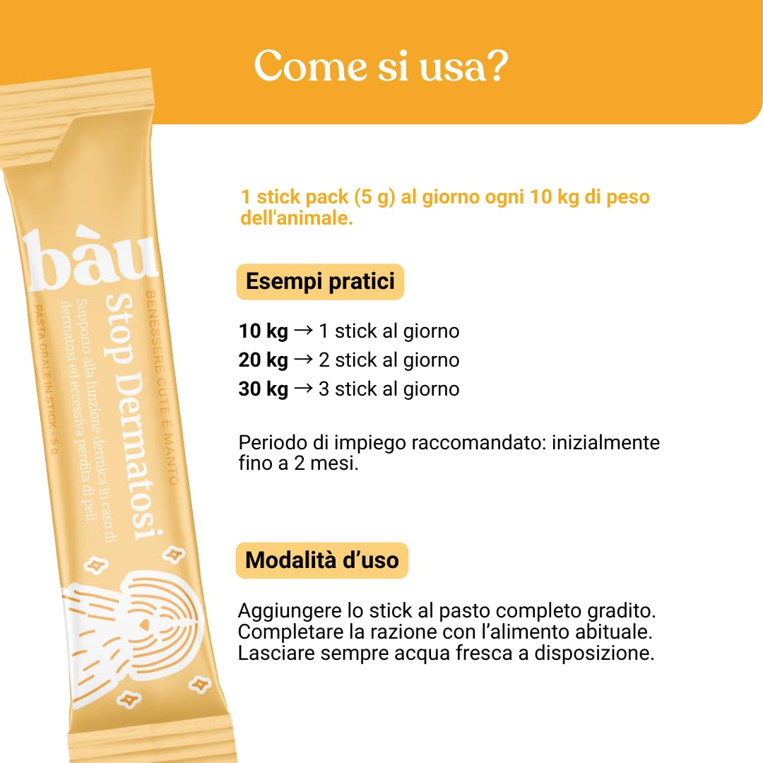Bau Dermatite Cane e Prurito in Pasta – Stop Dermatosi Integratore Pelle e Mantello – per Perdita Pelo, Cute Irritata e Forfora – Supporto Funzione Dermica in Stick Appetibili