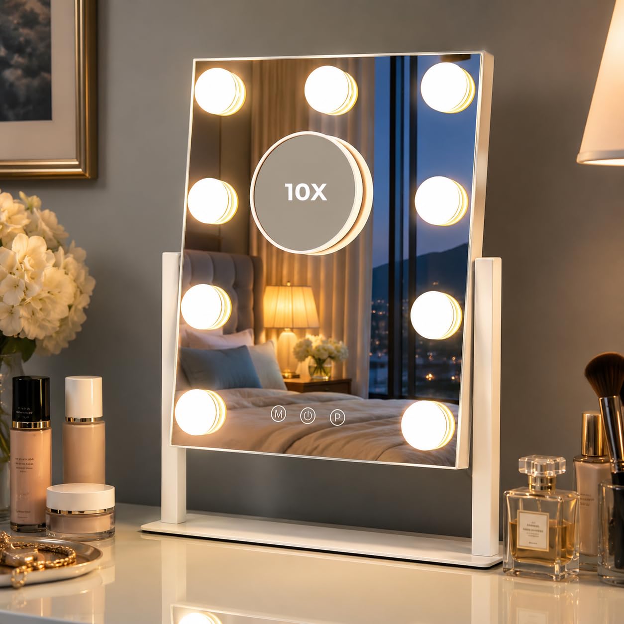 Glimmerx Makeup Mirror with Lights,Vanity Mirror with 3 Color Modes, Touch Sensor, 360 Rotatable Metal Frame, Detachable 3.5" 10X Magnifying Mirror, Gift-Ready for Her or Bedroom