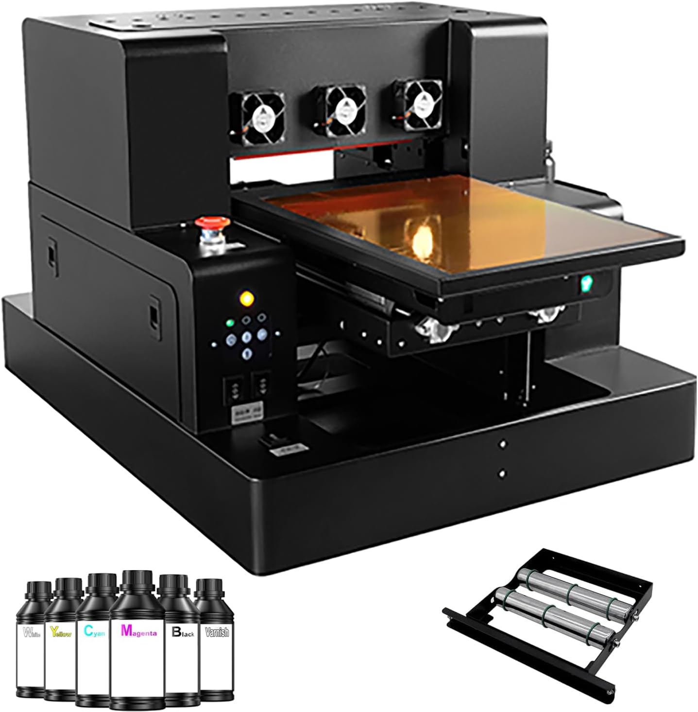 A4 XP600 UV DTG Printer Machine, 5760 * 1440dpi Precision A4 UV Flatbed Printer with 22x33x15cm Vacuum Platform & Bottle Holder, Perfect for Phone Cases Acrylic Metal Leather Golf Balls Bottles