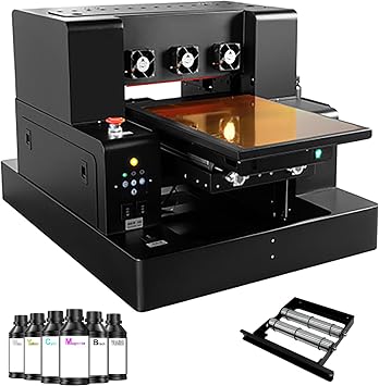 A4 XP600 UV DTG Printer Machine, 5760 * 1440dpi Precision UV Flatbed Printer with 22x33x15cm Vacuum Platform & Bottle Holder, Perfect for Phone Cases Acrylic Metal Leather Golf Balls Bottles A4