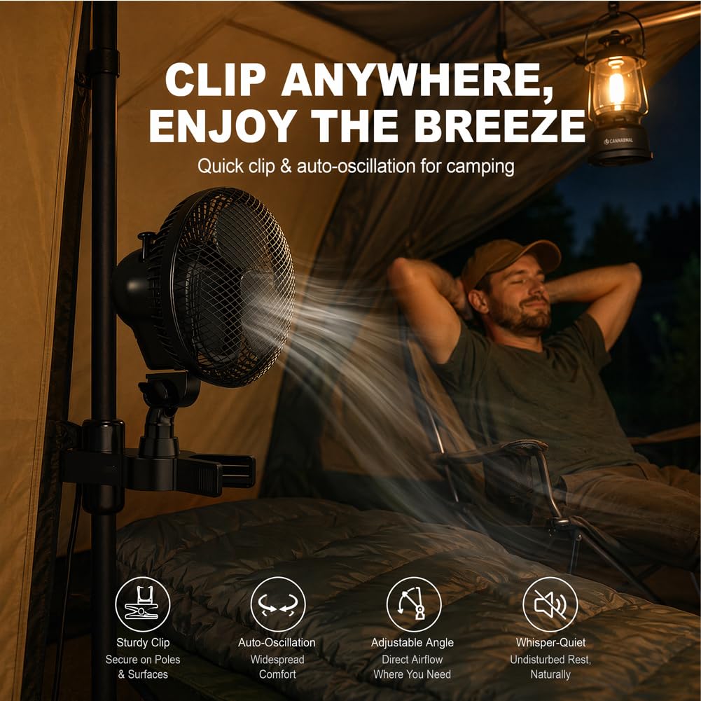 CEWROM Grow Ventilator mit Clip EC-Motor, 10 Stufen Klemmventilator, Grow Clip-Ventilator Klemmbar für growzelt, 20cm Durchmesser, EC-Motor 10W 32 dBA Perfekt Lüfter für Growbox, Schwarz
