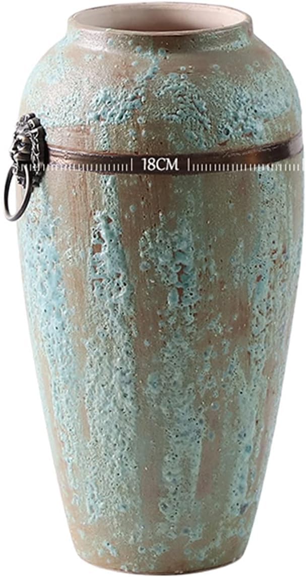 SnamicE Vase Tabletop Ceramic Vase Handmade Floor Stoneware Vase Retro Pottery Jar Creative Bubble Glaze Vases with Iron Ring Decor,One Color-18 * 35 cm