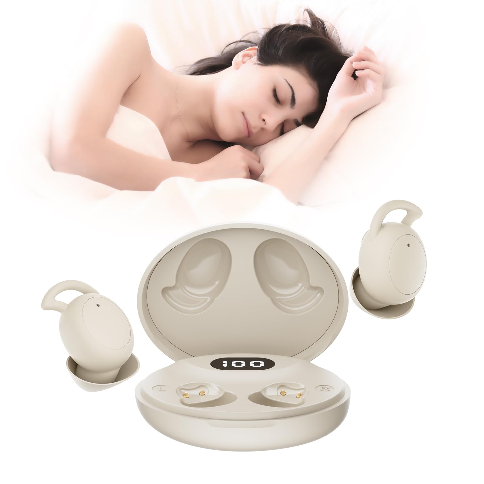 IFECCO Sleep Earbuds for Side Sleepers - Mini Wireless Invisible Bluetooth 5.3 Comfortable Sleep Earphones, Noise Cancelling Ear Buds Headphones for Sleep, Work, Sports(Beige)