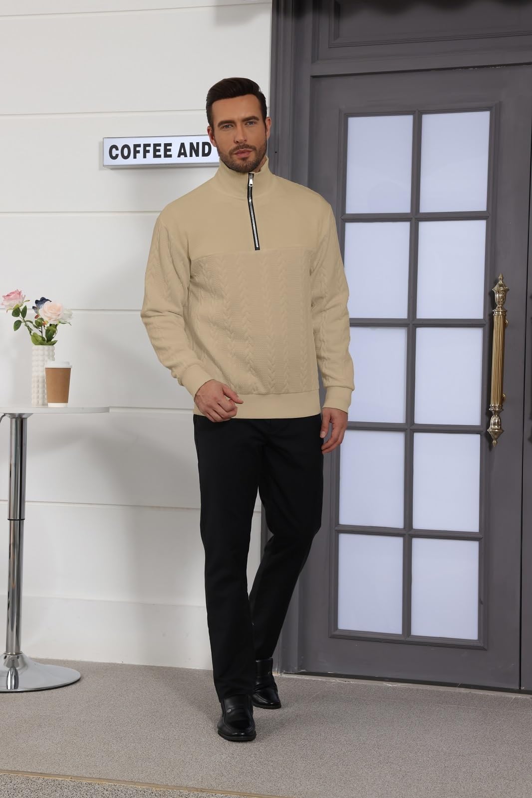 Halfword Pulls Homme Zip Pullover Tricoté Pull à Manches Longues pour Hommes Jacquard Sweatshirts