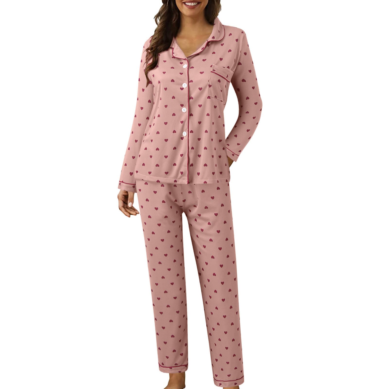 Cute Pajama Sets For Women 2 Piece Casual Comfy Lounge Set Long Sleeve Button Down Ladies Loungewear Sleepwear