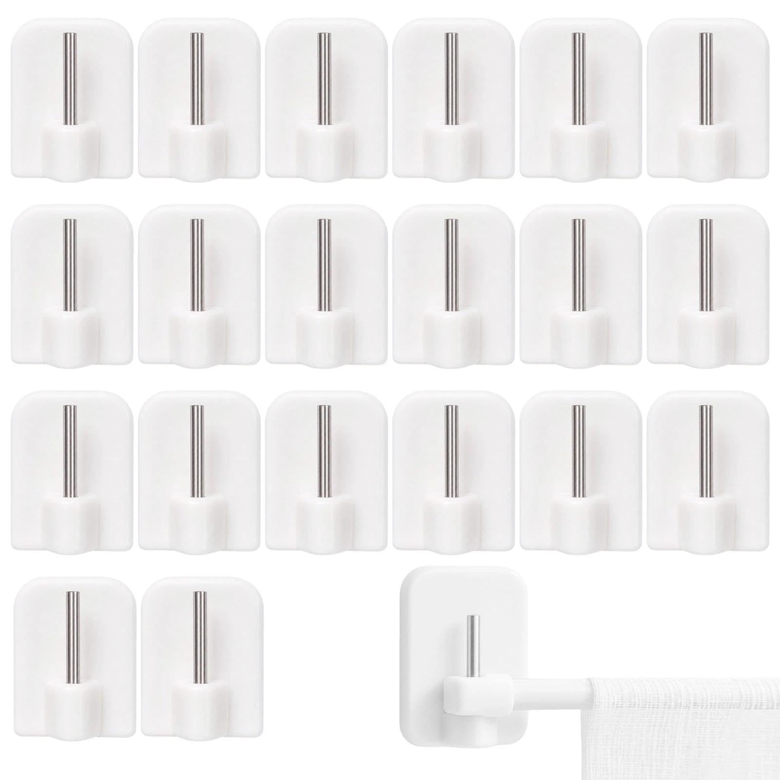 20 Pack Self-Adhesive Hooks – White Window Hooks for Net Curtain Rods, Square Corner Adhesive Hook for Hanging Curtains, No Tools Needed (2.4x1.7x1.2cm)