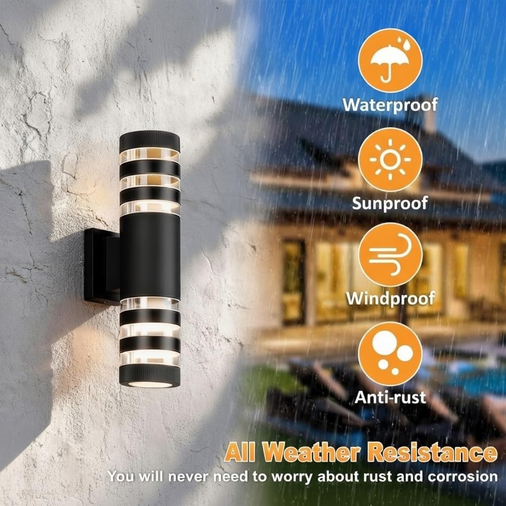 1 Pack 15 Inch Waterproof Aluminum Wall Sconce, Up Down Double Head Cylinder Lamp for Porch, Corridor and Patio