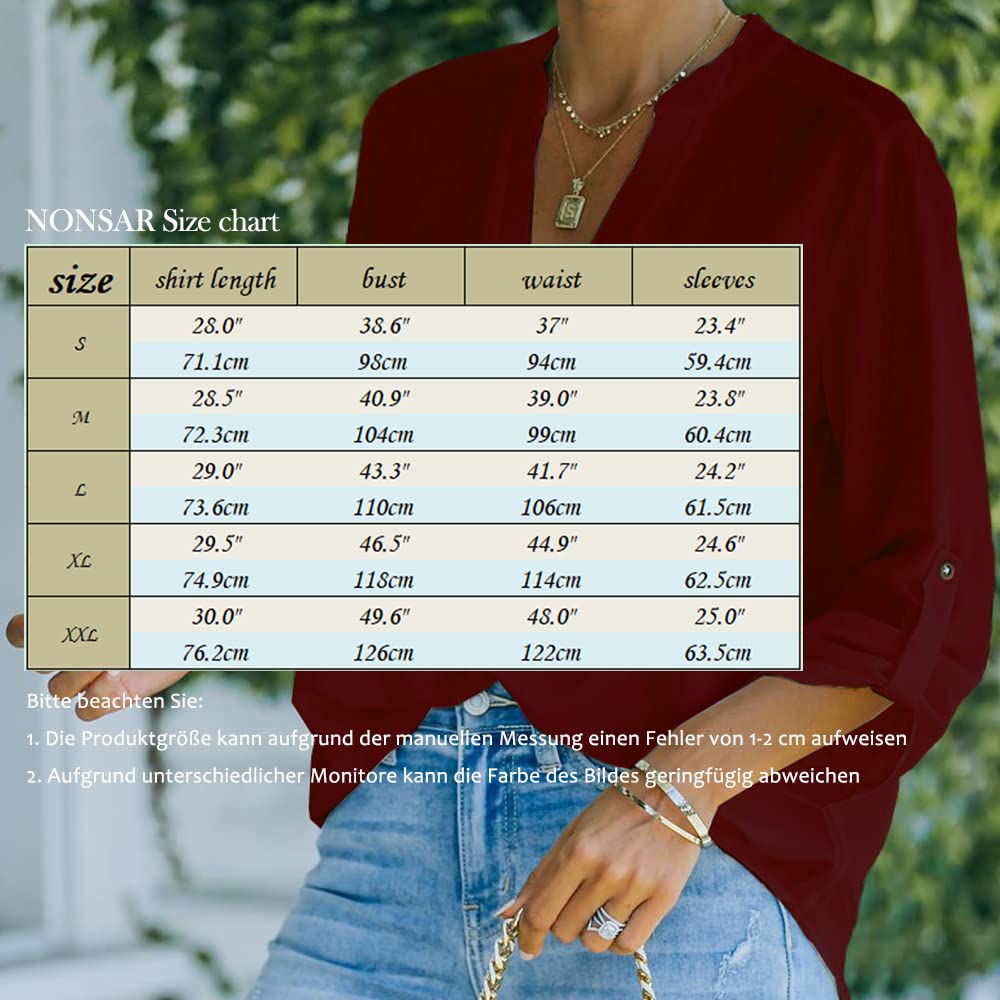 NONSAR Camicetta da donna Henley, elegante, con scollo a V, maniche arrotolabili, in stile casual