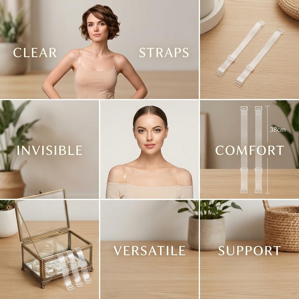 6 Paar Transparente BH Träger,Unsichtbare Klare Durchsichtige Ersatz Schultergurte,Rutschfeste Verstellbare Weiche Strap Halter Clip,für Frauen Schulterfrei Oberteile Trägerlose BHS Abnehmbaren