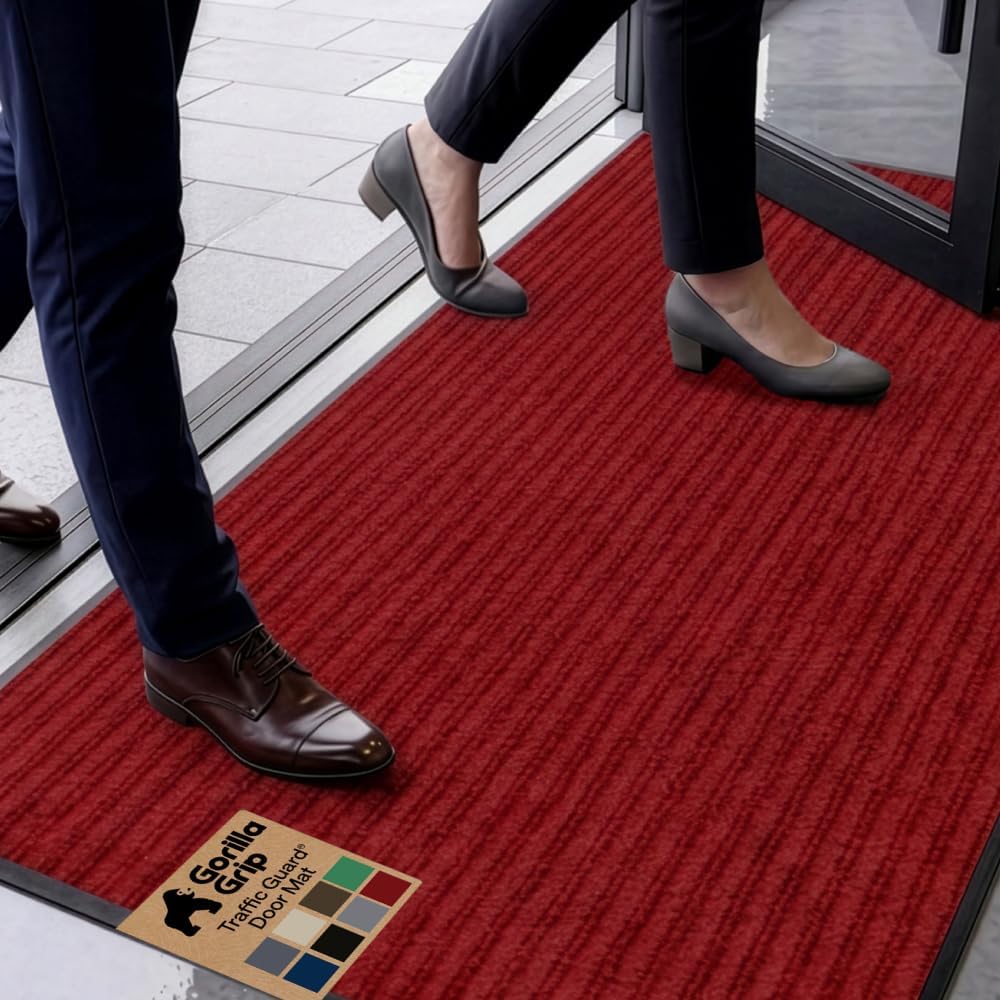 GORILLA GRIP Waterproof Traffic Guard Door Mat, 60x36, Indoor Outdoor Heavy Duty Entryway Mats, Strong Backing Commercial Utility Rugs for Office, Hallway, Garage, Patio, Low Profile Runner Rug, Red