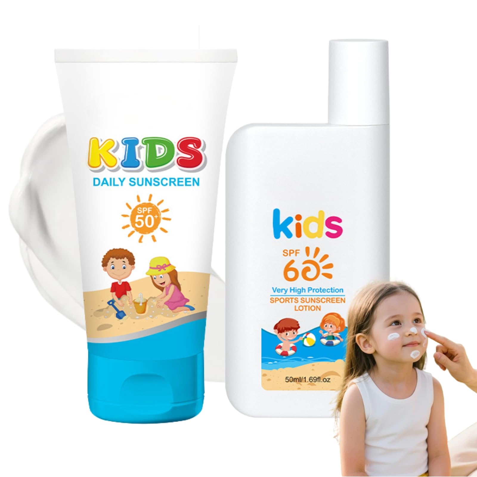 2PCS Daily Suncream Factor 50 Kids & SPF 60 Kids Suncream for Sports - Gentle Baby Sun Cream for Face & Body with Zinc Oxide - Water Resistant Sun Cream Kid 50ml