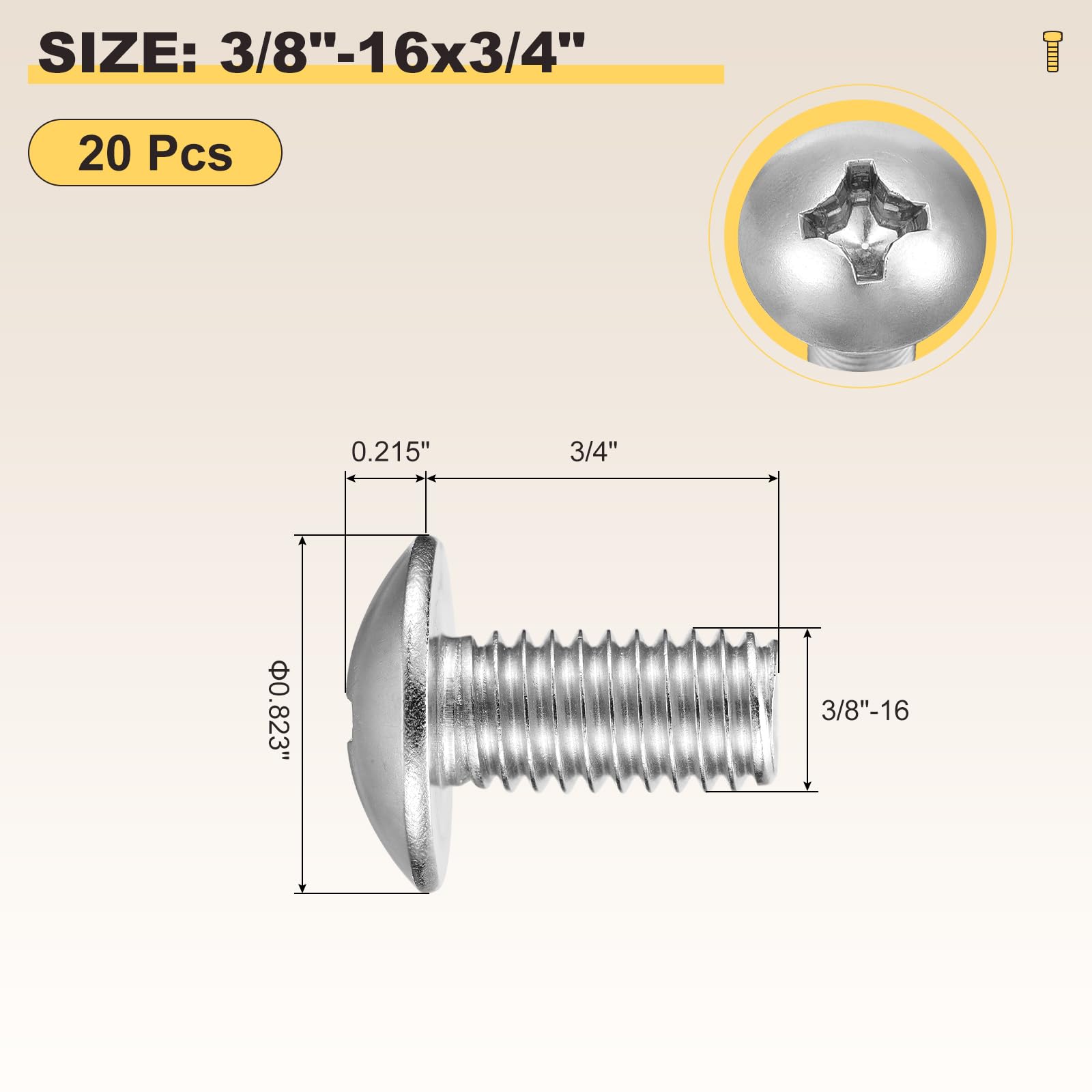 METALLIXITY Machine Screws Phillips Head(3/8"-16x3/4") 20Pcs, 304 Stainless Steel Round Head Phillips Drive Furniture Bolts - Image 2