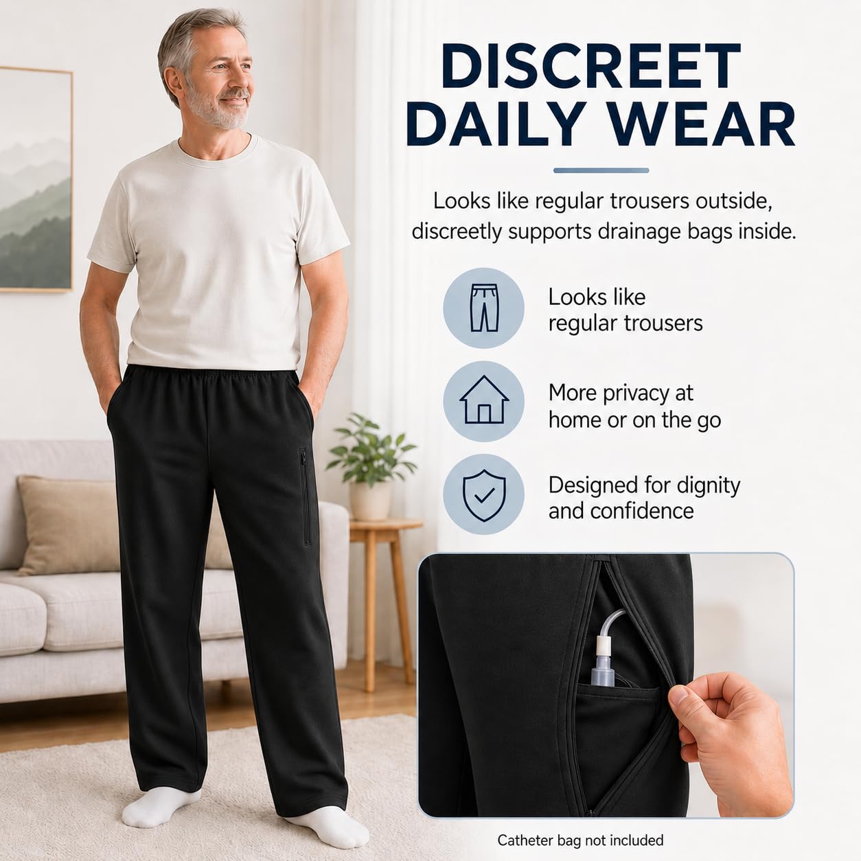 Pantaloni per Catetere per Uomo, Pantaloni per Sacca da Gamba per Catetere con Doppie Tasche con Cerniera, Pantaloni per Sacca per Urina