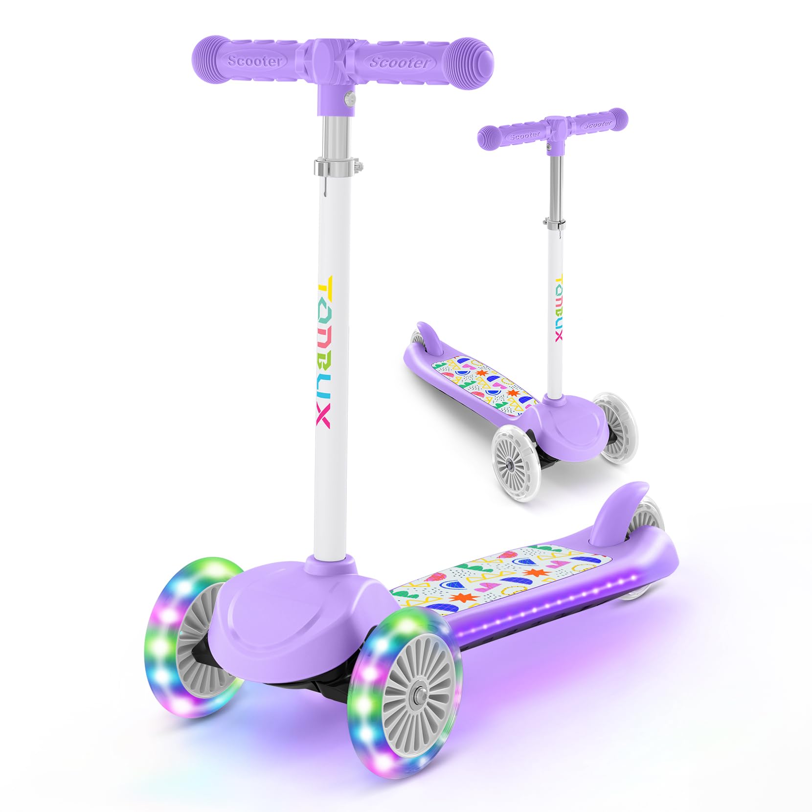 TONBUX 3 Wheel Tri Scooter, Easy Folding System, Height Adjustable Handlebars, Tilt To Turn Steering, Kids Aged 3+ Years (Purple)