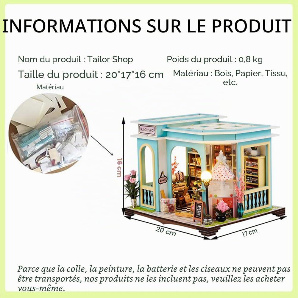 Accessoires de maison de poupée en bois, kit de maison miniature DIY pour adultes, kit créatif de petite maison d'atelier de couture avec meubles et éclairage LED pour cadeau d'anniversaire
