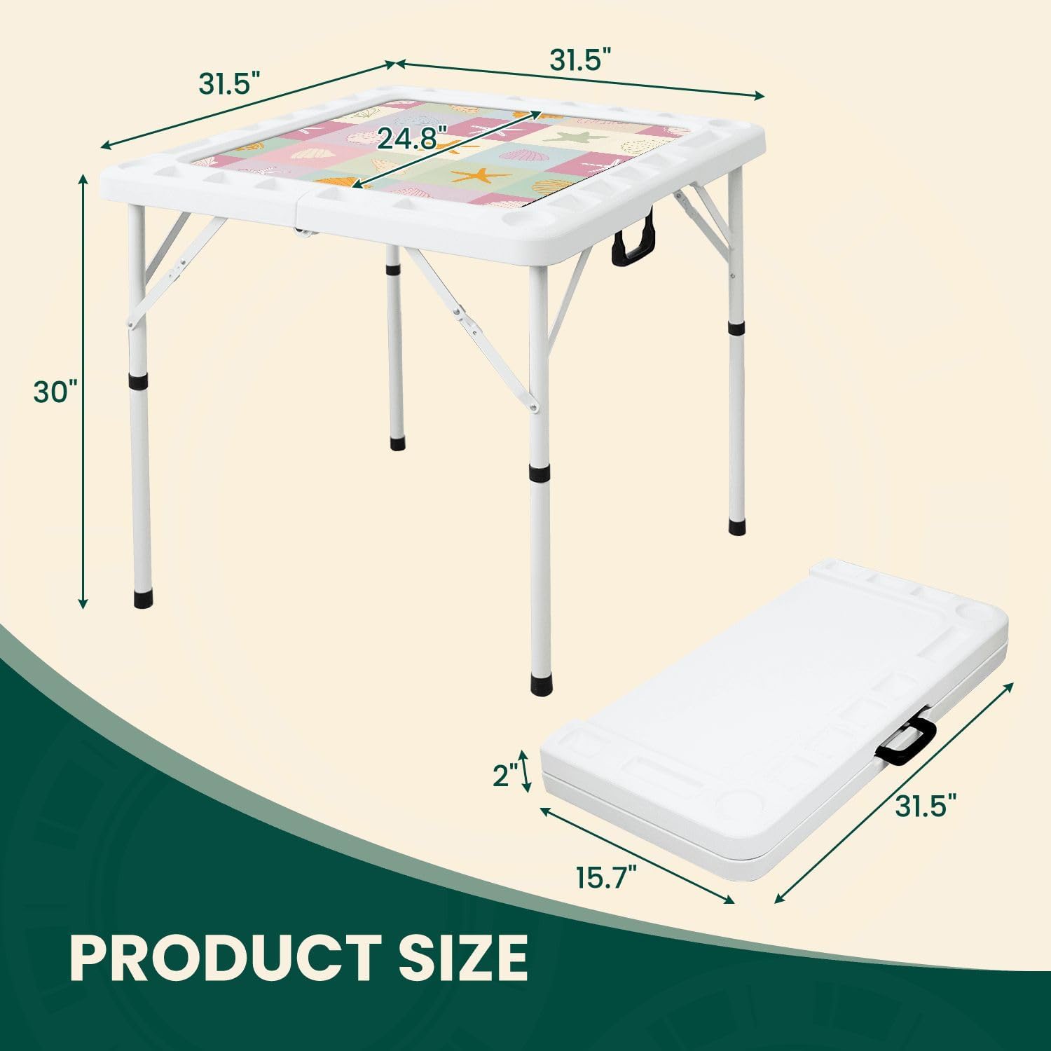 Folding Mahjong Table with Seashells Starfish Pastel Coastal Icons Soft Color Blocks Wear-Resistant Mahjong Mat, 4 Cup Holders & Chip Trays for 4 Players Square Portable Card Table for Poker Domino