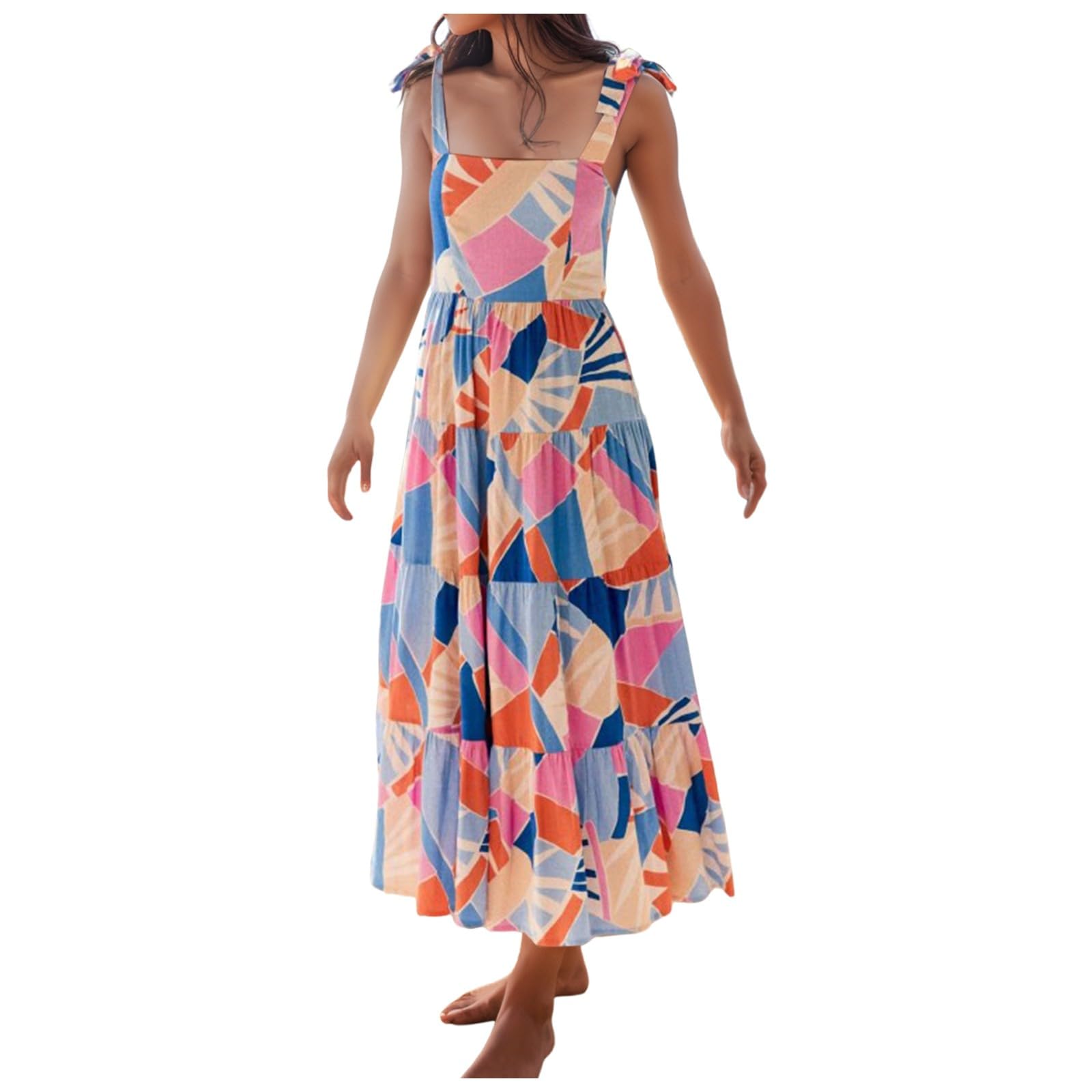 Robe Longue d'été bohème à Bretelles Spaghetti et col carré à Volants pour Femme - Version Grande