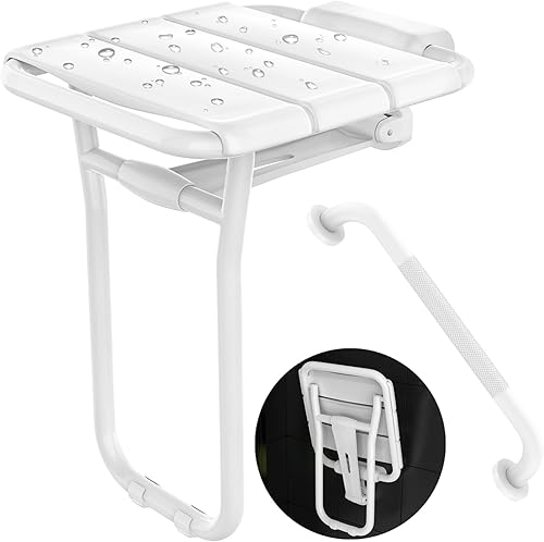 Asiento de ducha plegable montado en la pared, capacidad de 500 libras, banco de ducha de acero inoxidable de 14 x 16 pulgadas con barra de agarre