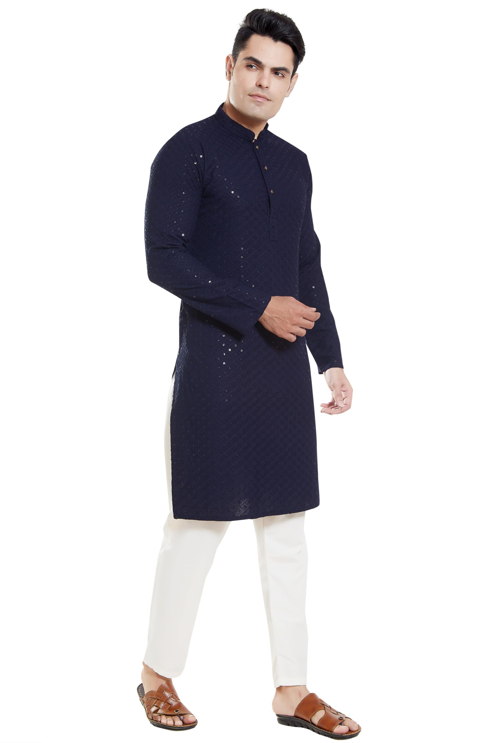Divisive Men's Sequince Embroidered Cotton Blend Only Slim Fit Kurta (Dkrt133_Xl_Navy Blue)