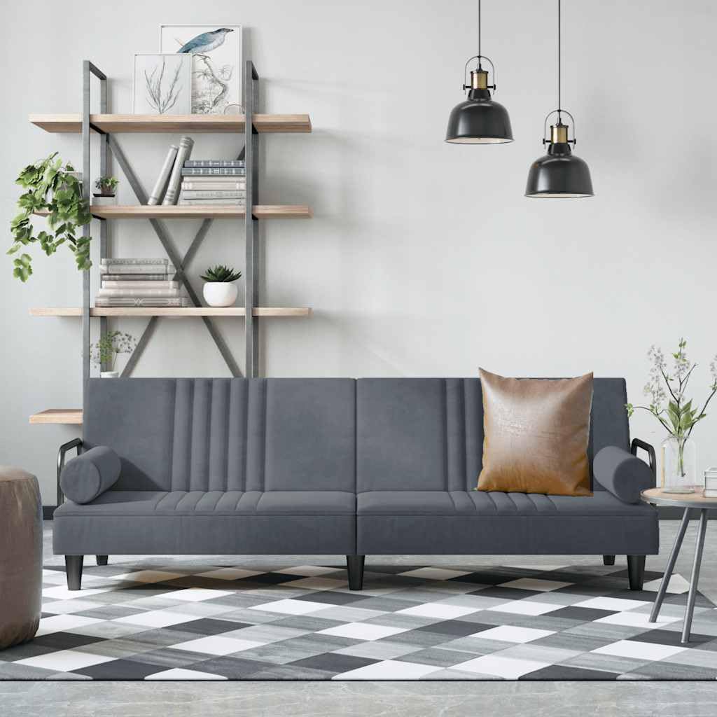 Sofá cama con reposabrazos de terciopelo gris oscuro y acabados de lujo para salas modernas