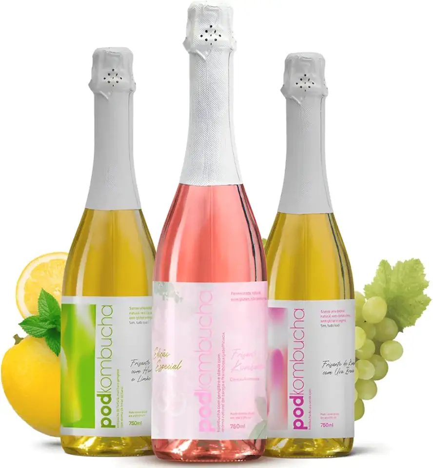 Kit 3 Kombucha Pod 750ml Cereja, Limão e Uva Branca