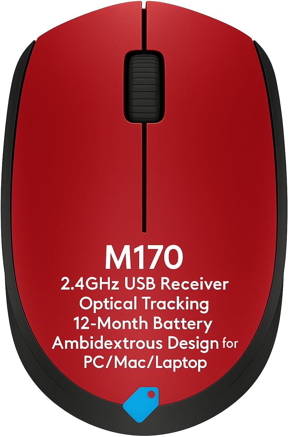 M170 Wireless Mouse for PC, Mac, and Laptop, 2.4 GHz with USB Mini Receiver, Optical Tracking, 12-Month Battery Life, Ambidextrous Design, Compatible with Windows and Mac OS, Ergonomic Red Computer M