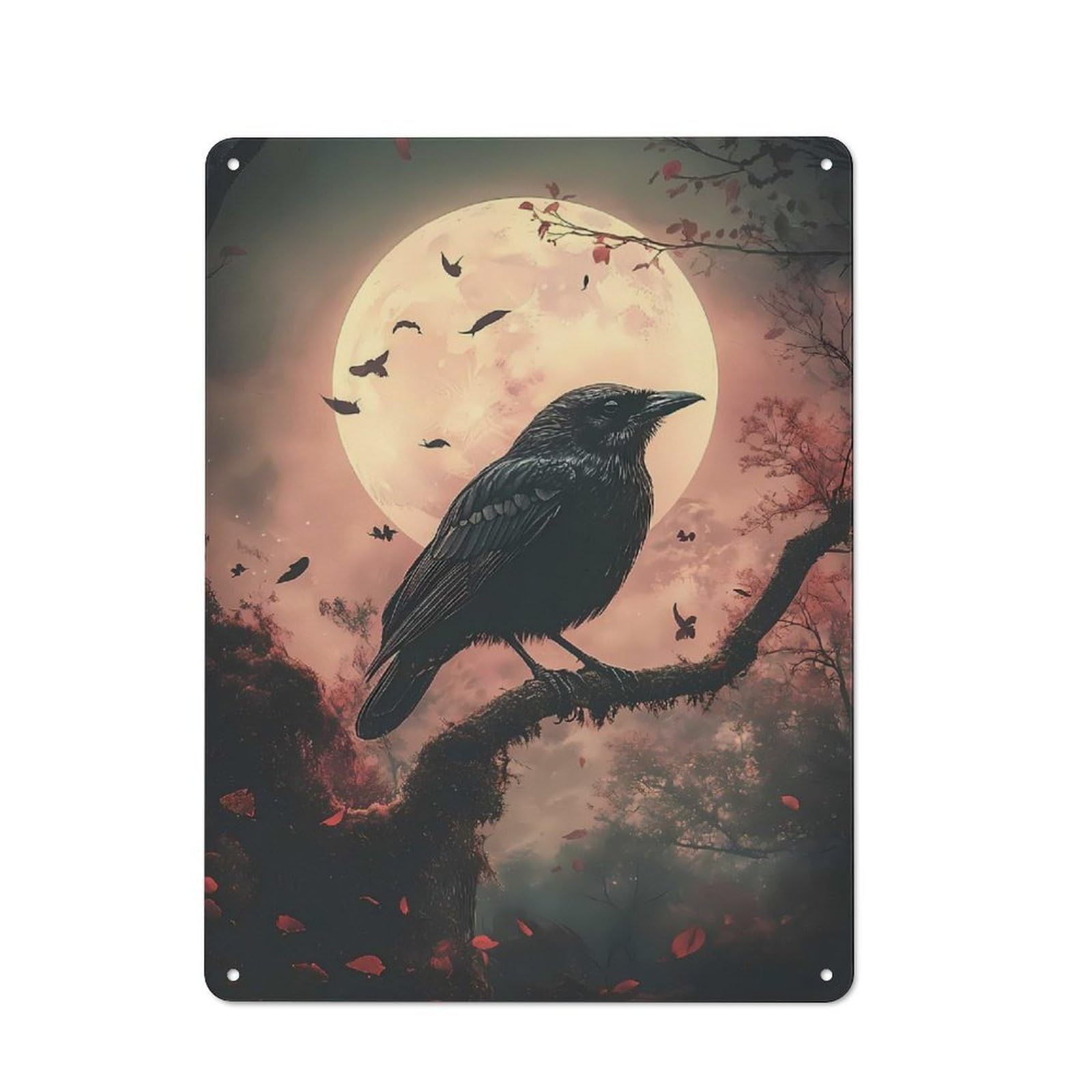 Junmoney Raven Under Full Moon Rustic Metal Plaque 40X30cm For Studio Or Craft Room, Suited To Craft Room Decorators
