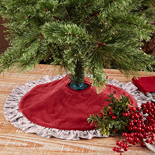 Twilight Red Velvet Mini Christmas Tree Skirt W/Floral Print Border, 21" Diameter For Small Trees, Farmhouse Vintage Holiday Décor #TOP1