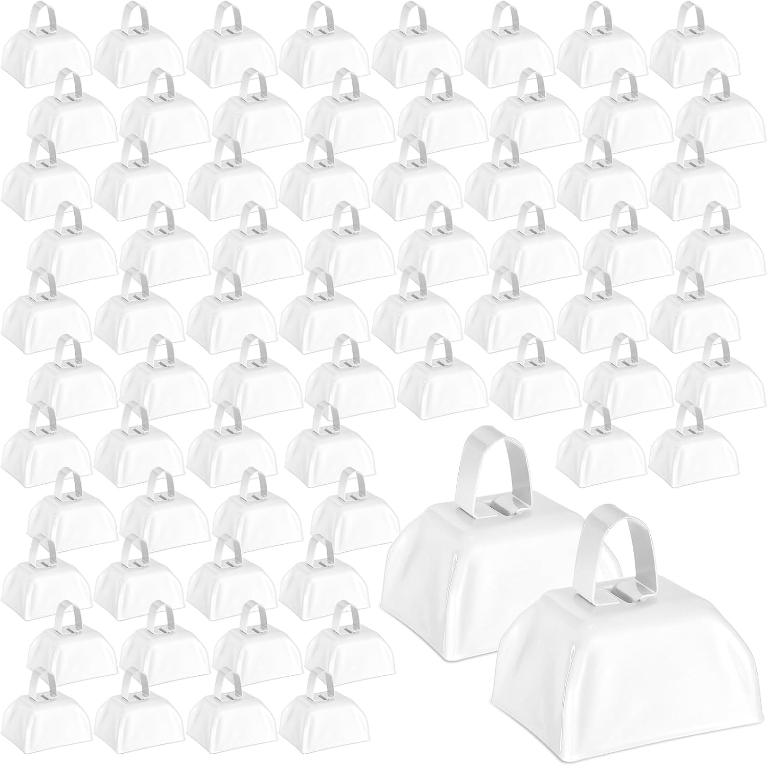 Boao 72 Pcs Metal Cowbells with Handle Cowbells Noise Makers Small Call Bells Bulk for Decorations Football Games Sport Event Cheering Ornament Wedding Party Celebration, 3 x 2.8 x 2.5 Inch(White)