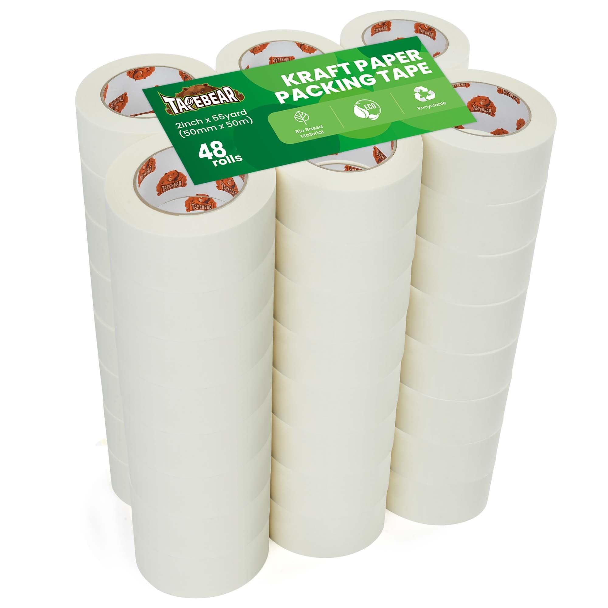 TAPEBEAR Umweltfreundliches Kraftpapier-Klebeband 50mm x 50m, recycelbar, selbstklebend für Versand, Lager, Umzug, Kartons, 48 Rollen