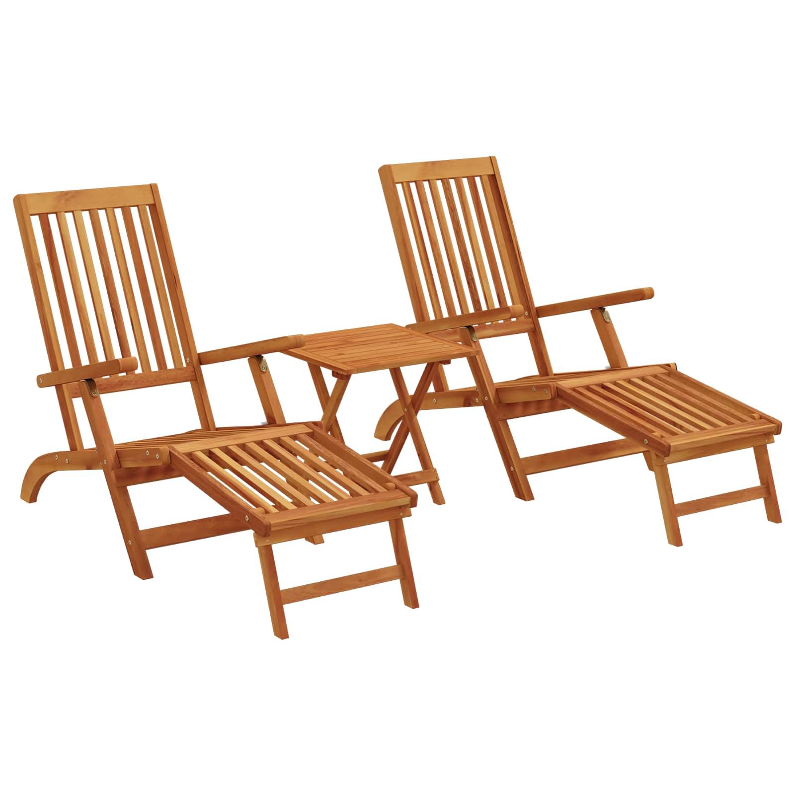 Set 2 Lettini Prendisole in Legno di Acacia con Tavolino | Arredo relax per giardino, piscina e patio con schienale regolabile a 5 posizioni e poggiapiedi integrato.