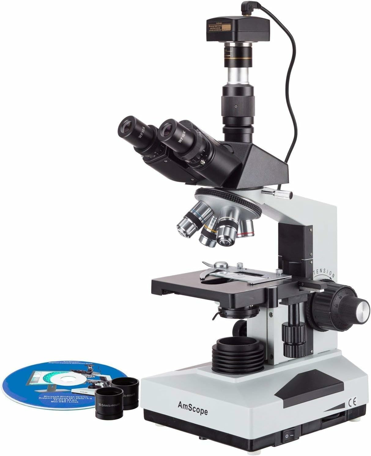 AmScope T490A-PCT Compound Trinocular Microscope with Phase-Contrast Turret, WF10x and WF16x Eyepieces, 40X-1600X Magnification, Brightfield/Darkfield, Halogen Illumination, Abbe Condenser, Double-Layer Mechanical Stage, Sliding Head, High-Resolution Optics