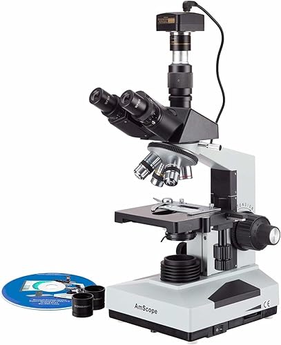 Miniatura 5 de AmScope Microscopio trinocular compuesto T490A-PCS, oculares WF10x y WF16x, aumento 40X-1600X, campo brillante, iluminación halógena, condensador