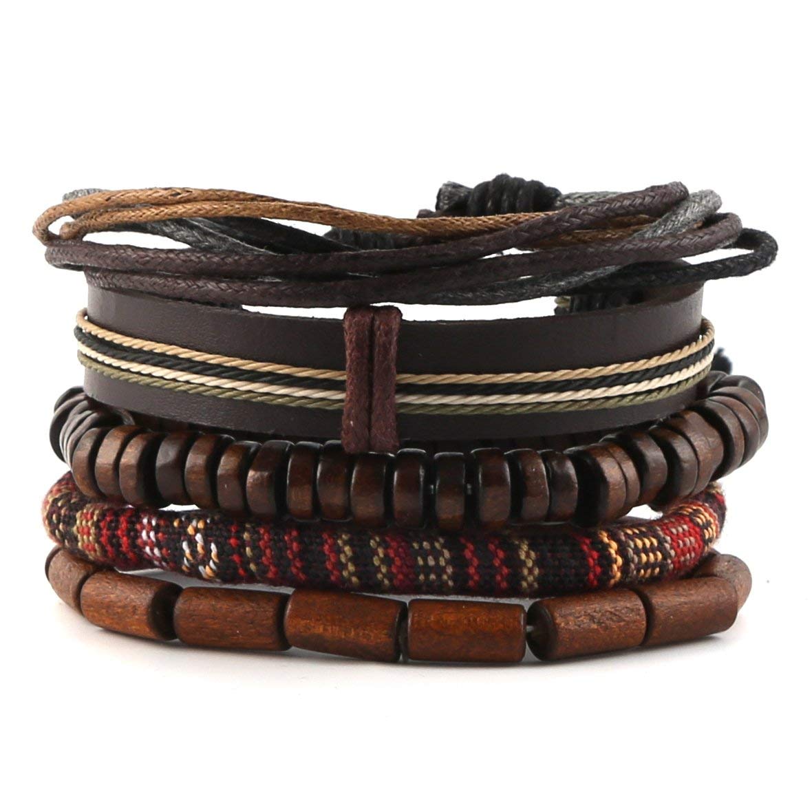 HZMAN Handmade Hemp Cords Wood Beads Leather Bracelets for Men Women