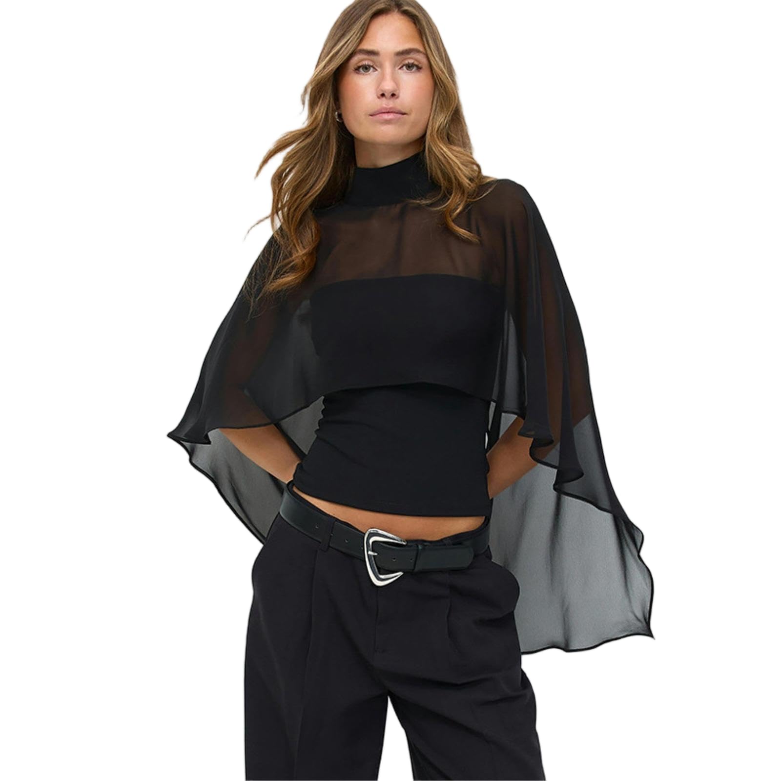 JCVBN Haut Femme Ensemble Deux Pièces Cape Transparent Crop Halter Vacances Deux Pièces | Cape Transparent | Crop Top | Halter | Vacances | Noir Abricot | Polyester