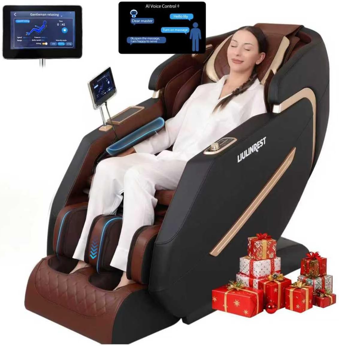 Woman relaxing in a brown massage chair with a tablet controller and AI voice control bubbles